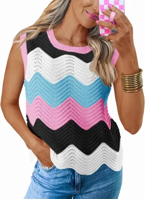 Saodimallsu Womens Summer Striped Tank Top Sleeveless Rainbow Knit Crew Neck Color Block Going Out Cropped Sweater Vest