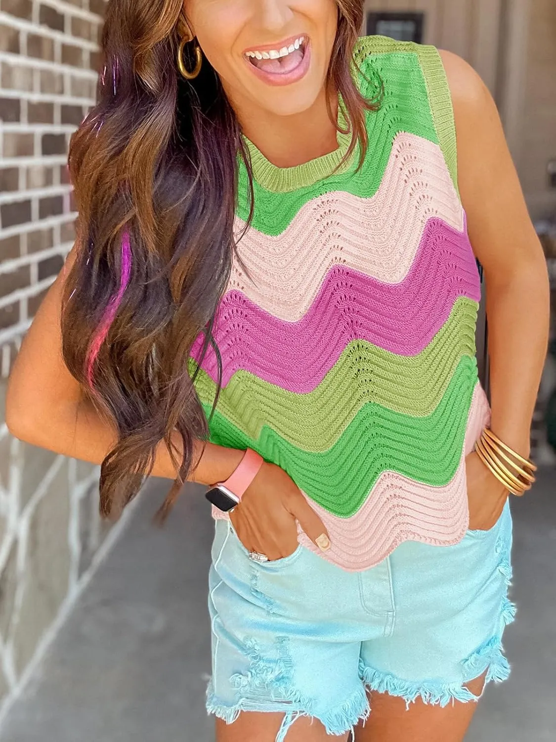 Saodimallsu Womens Summer Striped Tank Top Sleeveless Rainbow Knit Crew Neck Color Block Going Out Cropped Sweater Vest
