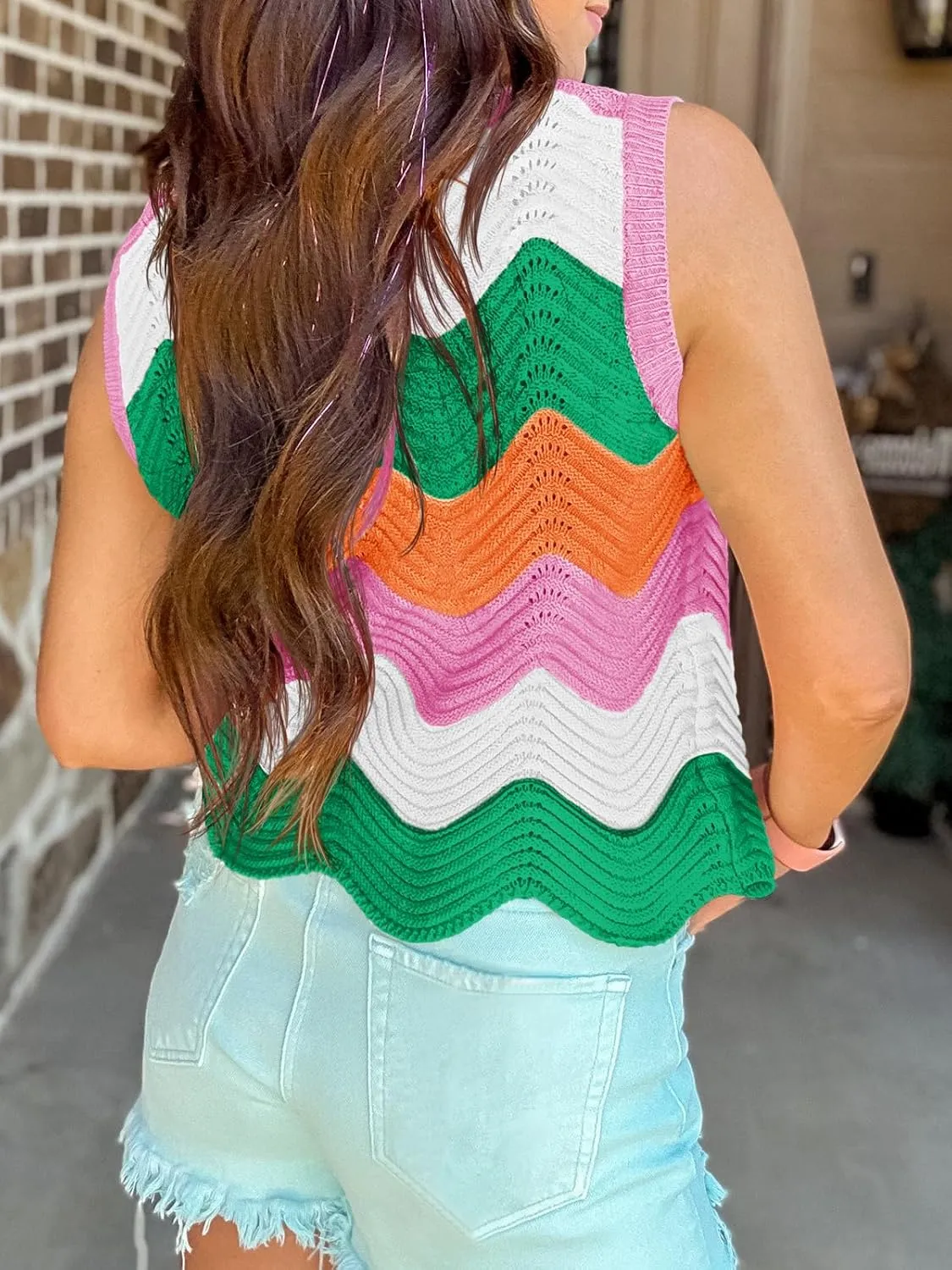 Saodimallsu Womens Summer Striped Tank Top Sleeveless Rainbow Knit Crew Neck Color Block Going Out Cropped Sweater Vest