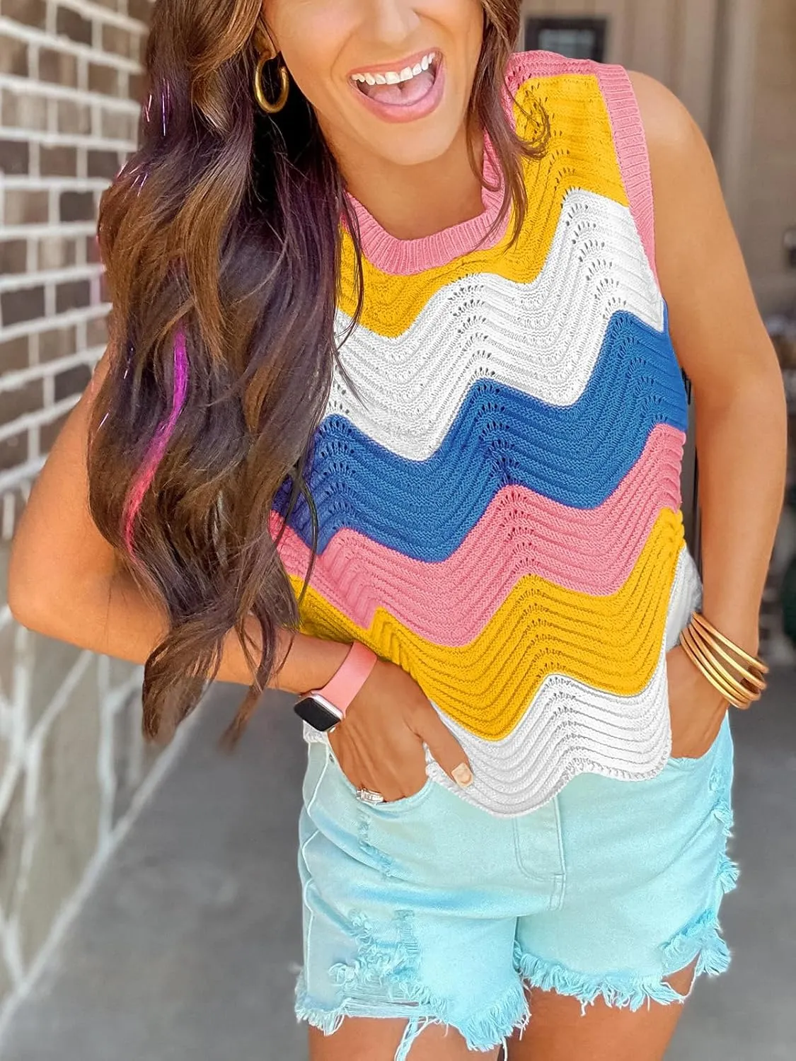 Saodimallsu Womens Summer Striped Tank Top Sleeveless Rainbow Knit Crew Neck Color Block Going Out Cropped Sweater Vest