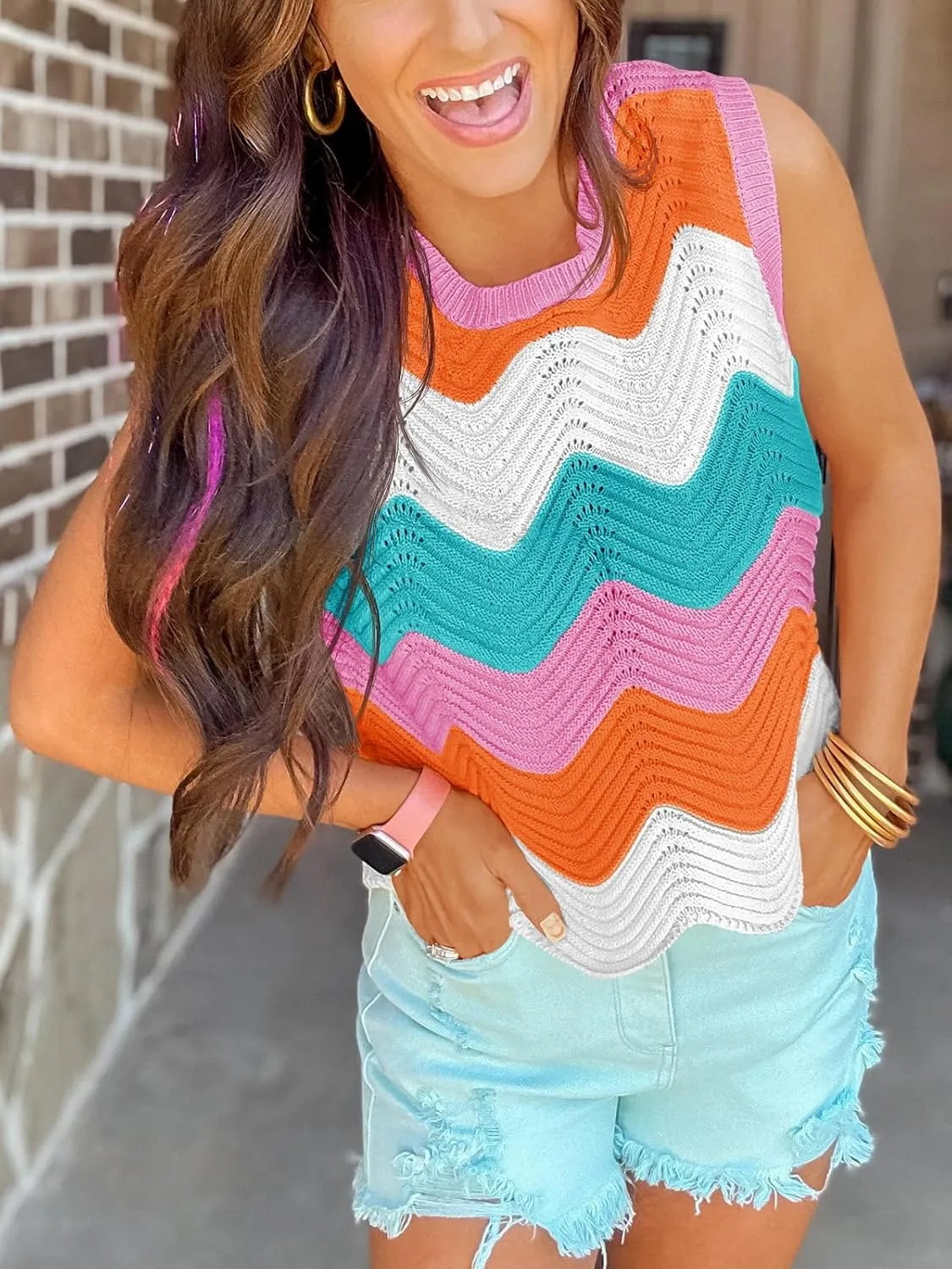 Saodimallsu Womens Summer Striped Tank Top Sleeveless Rainbow Knit Crew Neck Color Block Going Out Cropped Sweater Vest