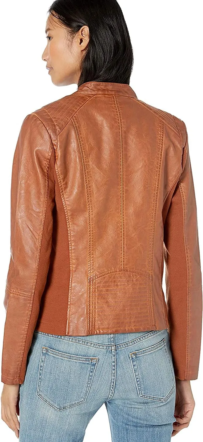 Sebby Collection Women's Faux Leather Jacket with Moto Details and Front Zip Pockets