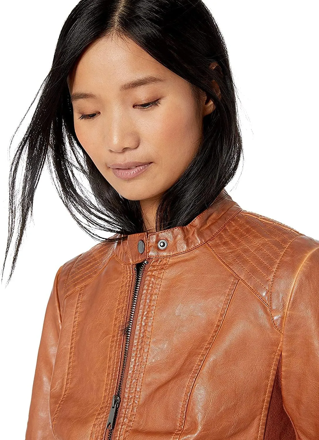 Sebby Collection Women's Faux Leather Jacket with Moto Details and Front Zip Pockets