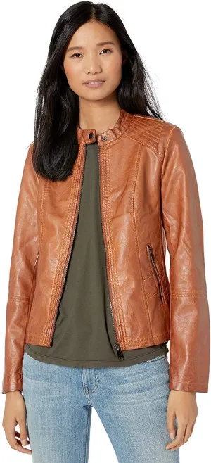 Sebby Collection Women's Faux Leather Jacket with Moto Details and Front Zip Pockets