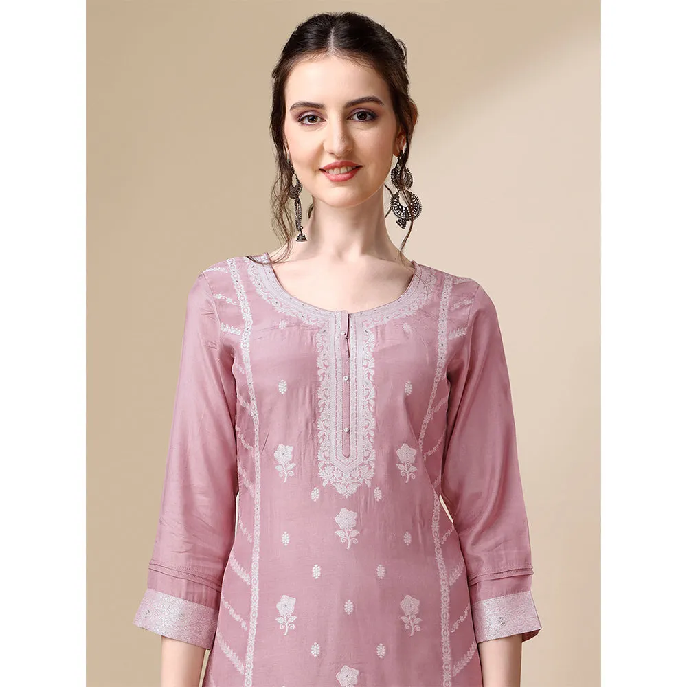 Seerat Pink Thread Oven Trusser Silk Straight Kurta with Trousers & Dupatta (Set of 3)