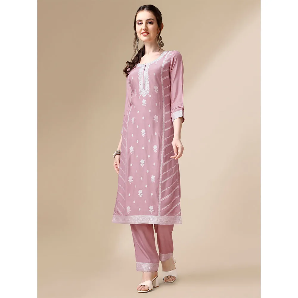 Seerat Pink Thread Oven Trusser Silk Straight Kurta with Trousers & Dupatta (Set of 3)