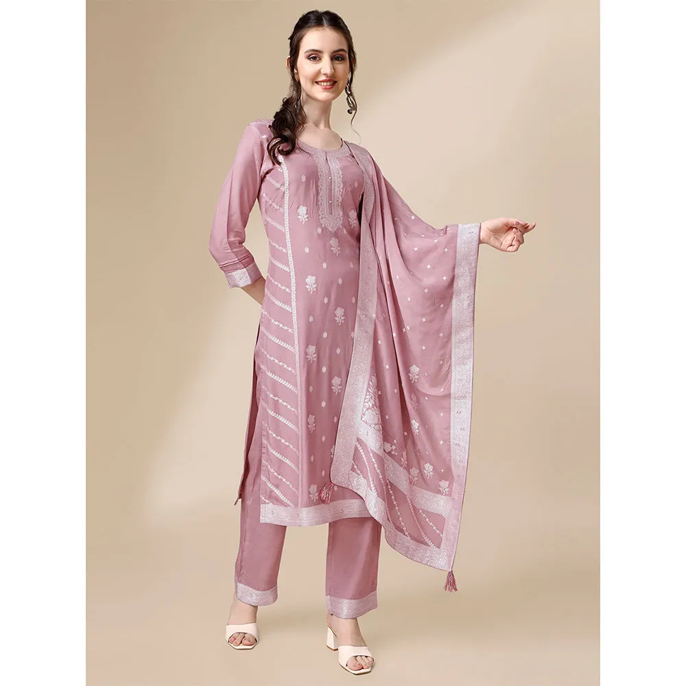 Seerat Pink Thread Oven Trusser Silk Straight Kurta with Trousers & Dupatta (Set of 3)