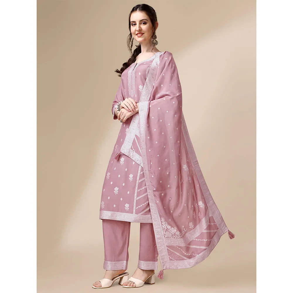 Seerat Pink Thread Oven Trusser Silk Straight Kurta with Trousers & Dupatta (Set of 3)