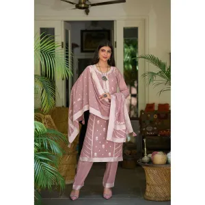 Seerat Pink Thread Oven Trusser Silk Straight Kurta with Trousers & Dupatta (Set of 3)