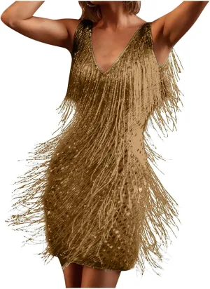 Sequin Cocktail Flapper Dresses 1920s Gatsby with All-Over Fringe Prom Party Mini Dress Tango Ballroom Dancing Costume