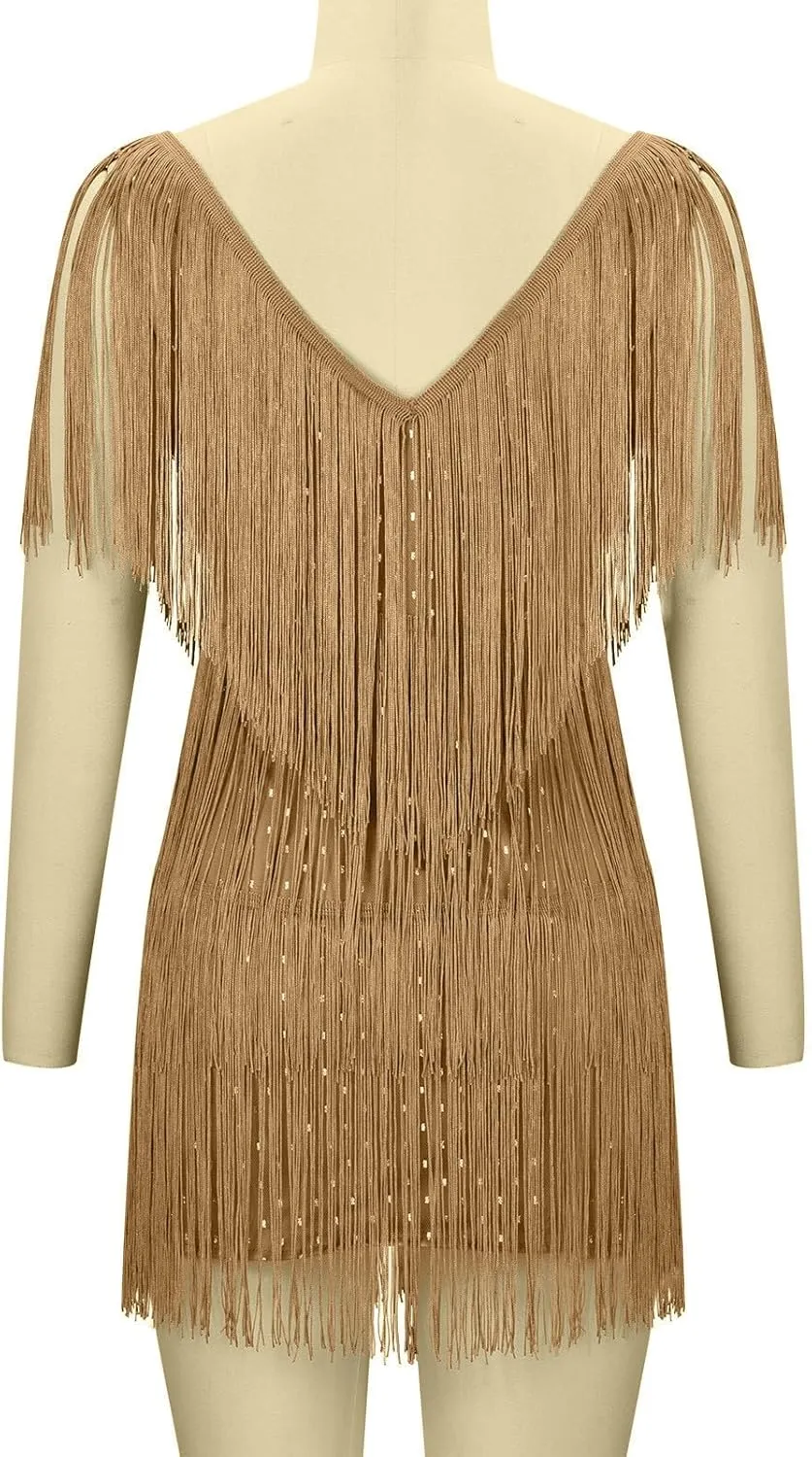 Sequin Cocktail Flapper Dresses 1920s Gatsby with All-Over Fringe Prom Party Mini Dress Tango Ballroom Dancing Costume