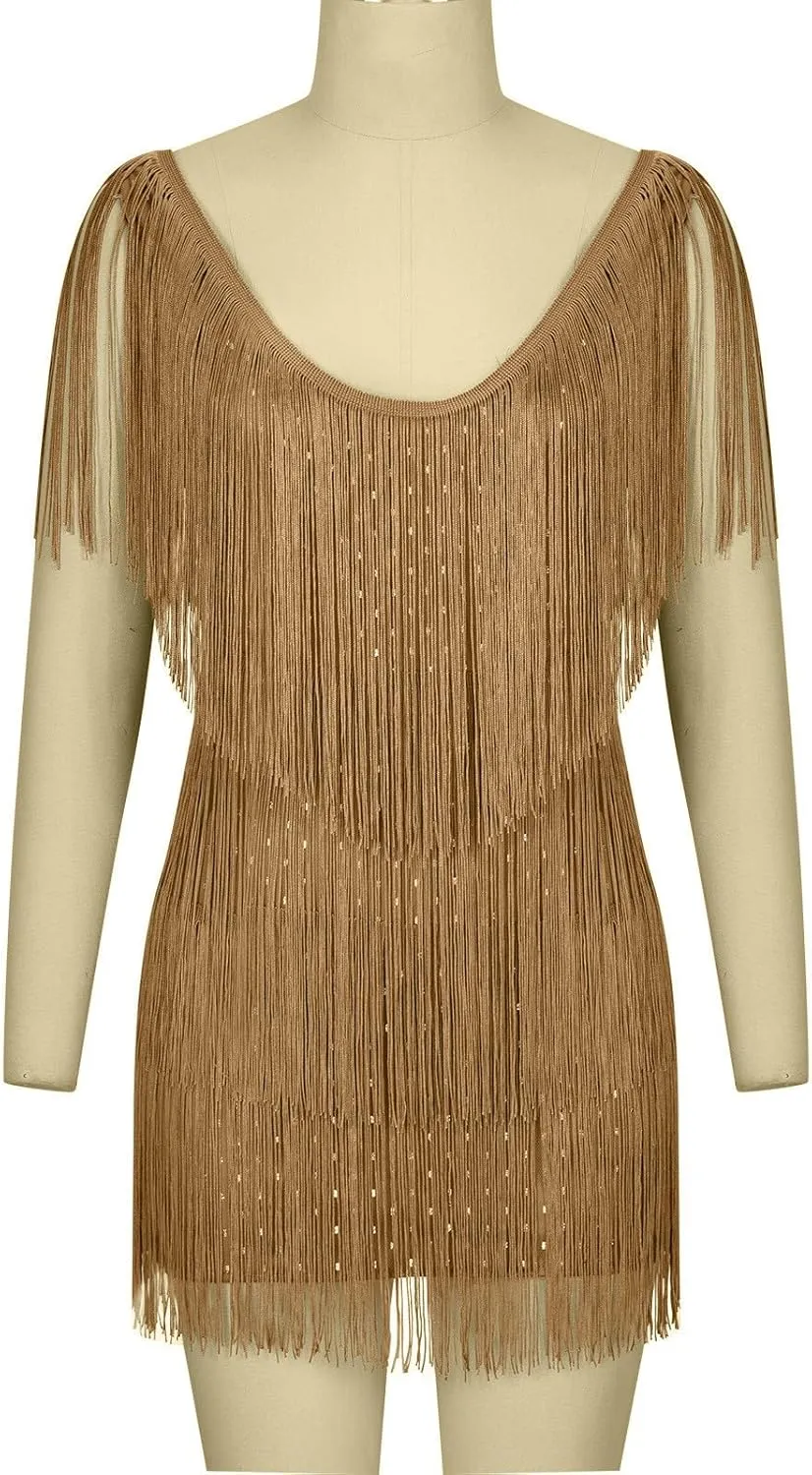 Sequin Cocktail Flapper Dresses 1920s Gatsby with All-Over Fringe Prom Party Mini Dress Tango Ballroom Dancing Costume
