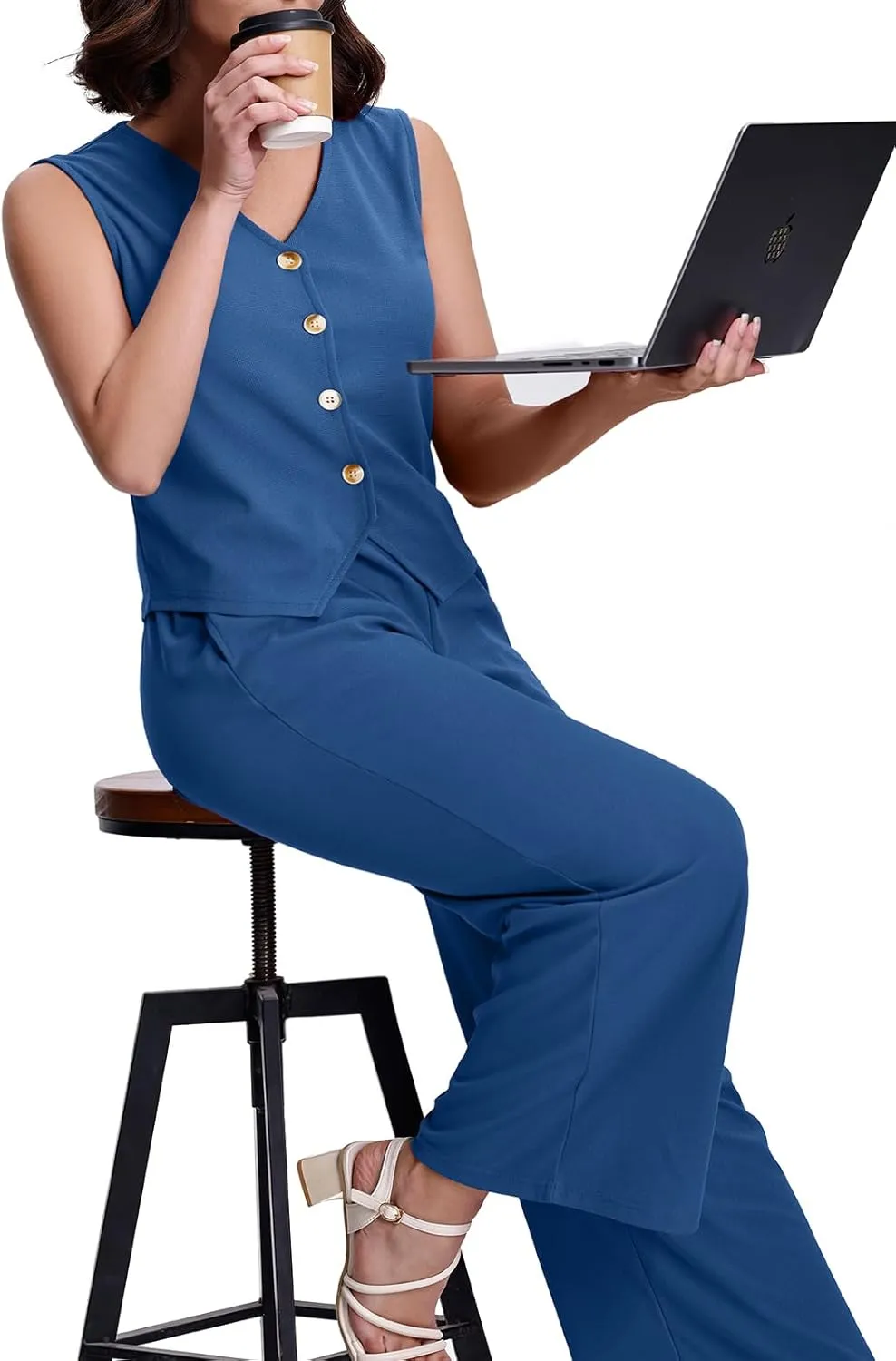 SeSe Code Womens 2 Piece Outfits Business Casual Button Up Vest and Wide Leg Pants Waffle Knit Sleeveless Blazer Suit Set