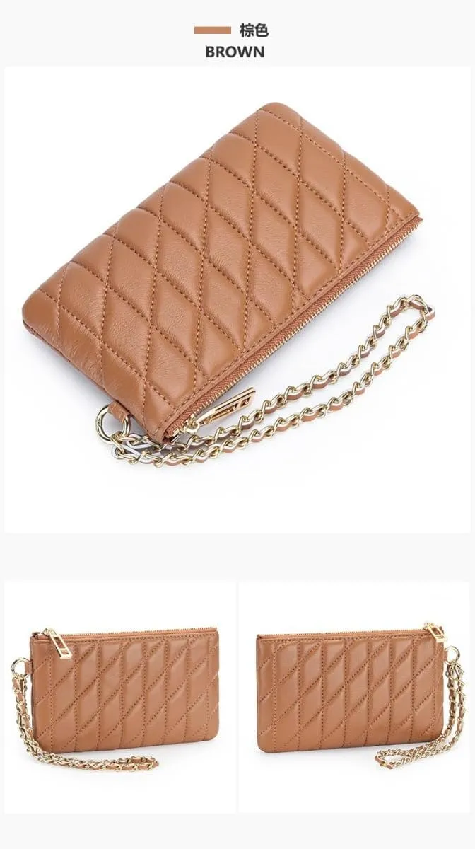 Sheepskin Wallet for Women Slim Quilted Genuine Leather Zipper Chain Wristlet Strap Purse Mobile Phone