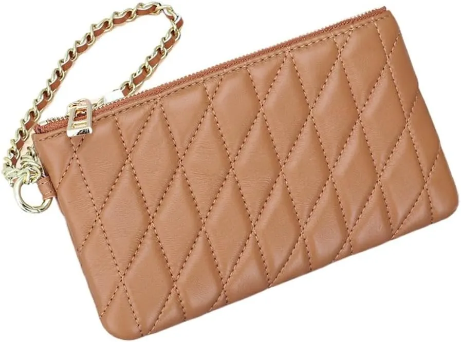 Sheepskin Wallet for Women Slim Quilted Genuine Leather Zipper Chain Wristlet Strap Purse Mobile Phone