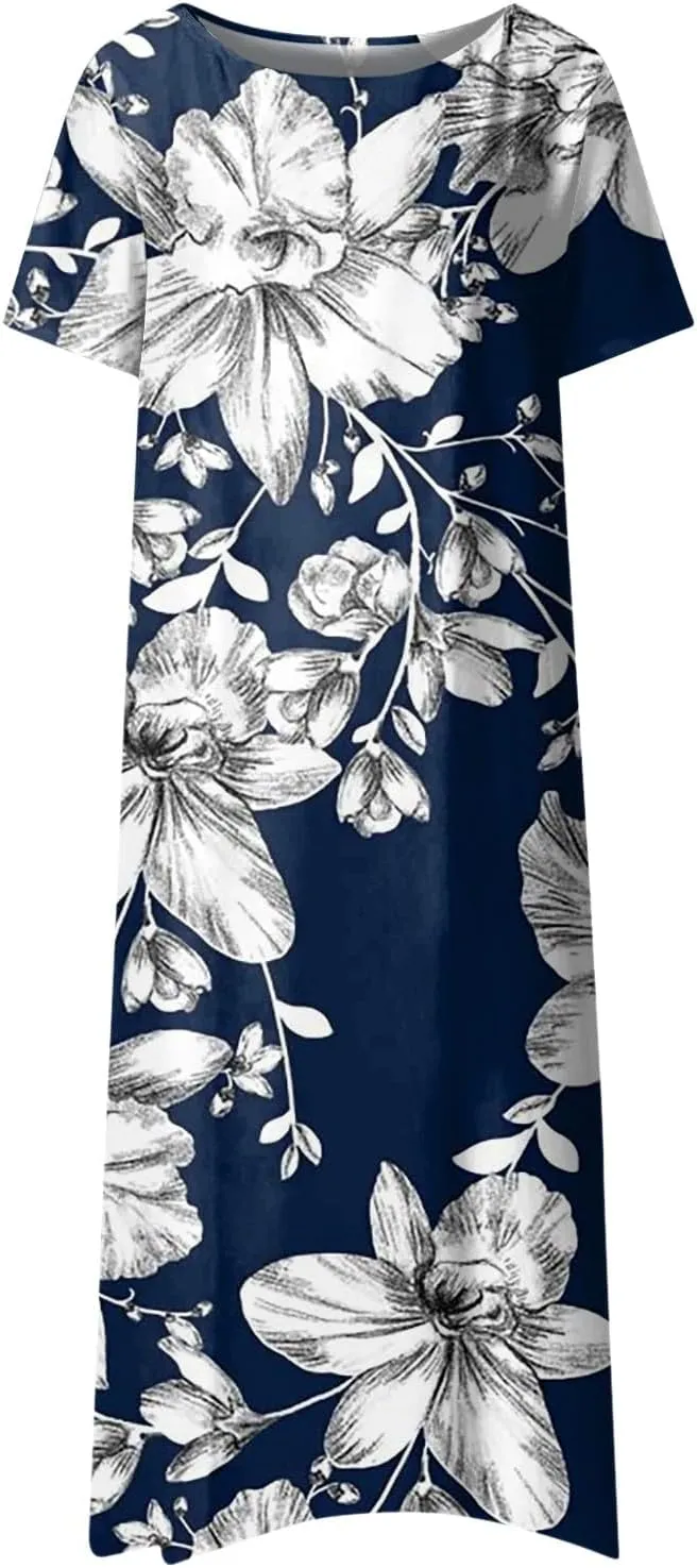 Short Sleeve Dress Ladies Trendy Floral Printting Dresses Round Neck Summer Basic Women's Maxi Dresses 2024 Pocket