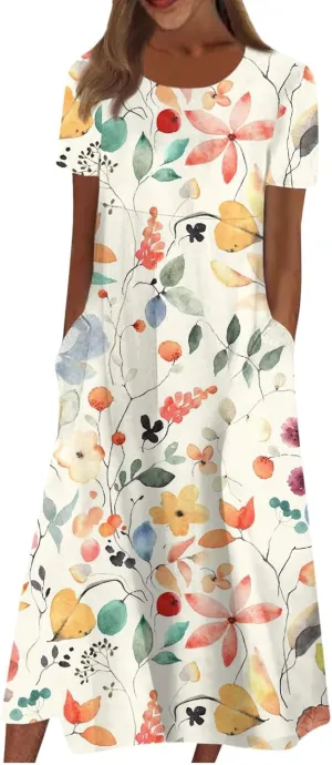 Short Sleeve Dress Ladies Trendy Floral Printting Dresses Round Neck Summer Basic Women's Maxi Dresses 2024 Pocket
