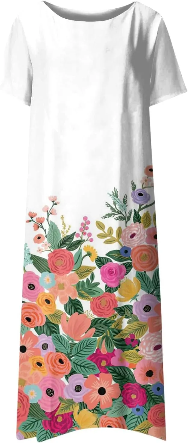 Short Sleeve Dress Ladies Trendy Floral Printting Dresses Round Neck Summer Basic Women's Maxi Dresses 2024 Pocket