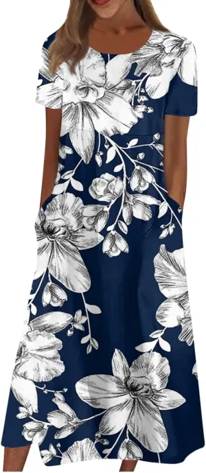 Short Sleeve Dress Ladies Trendy Floral Printting Dresses Round Neck Summer Basic Women's Maxi Dresses 2024 Pocket