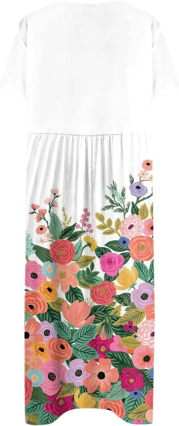 Short Sleeve Dress Ladies Trendy Floral Printting Dresses Round Neck Summer Basic Women's Maxi Dresses 2024 Pocket