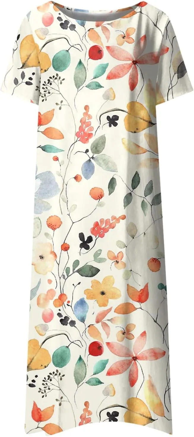 Short Sleeve Dress Ladies Trendy Floral Printting Dresses Round Neck Summer Basic Women's Maxi Dresses 2024 Pocket
