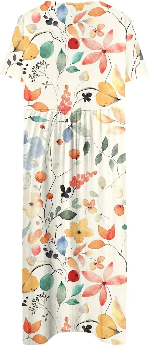 Short Sleeve Dress Ladies Trendy Floral Printting Dresses Round Neck Summer Basic Women's Maxi Dresses 2024 Pocket