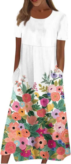 Short Sleeve Dress Ladies Trendy Floral Printting Dresses Round Neck Summer Basic Women's Maxi Dresses 2024 Pocket
