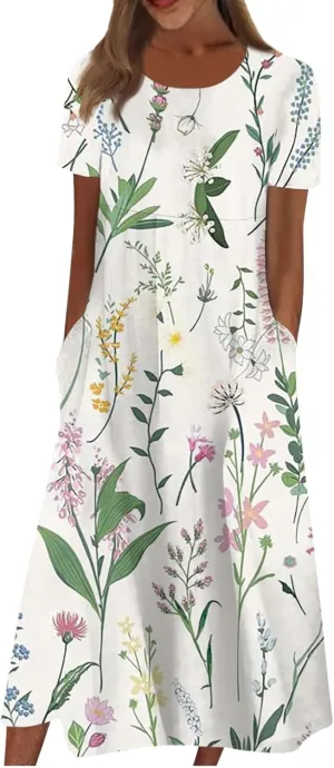Short Sleeve Dress Ladies Trendy Floral Printting Dresses Round Neck Summer Basic Women's Maxi Dresses 2024 Pocket