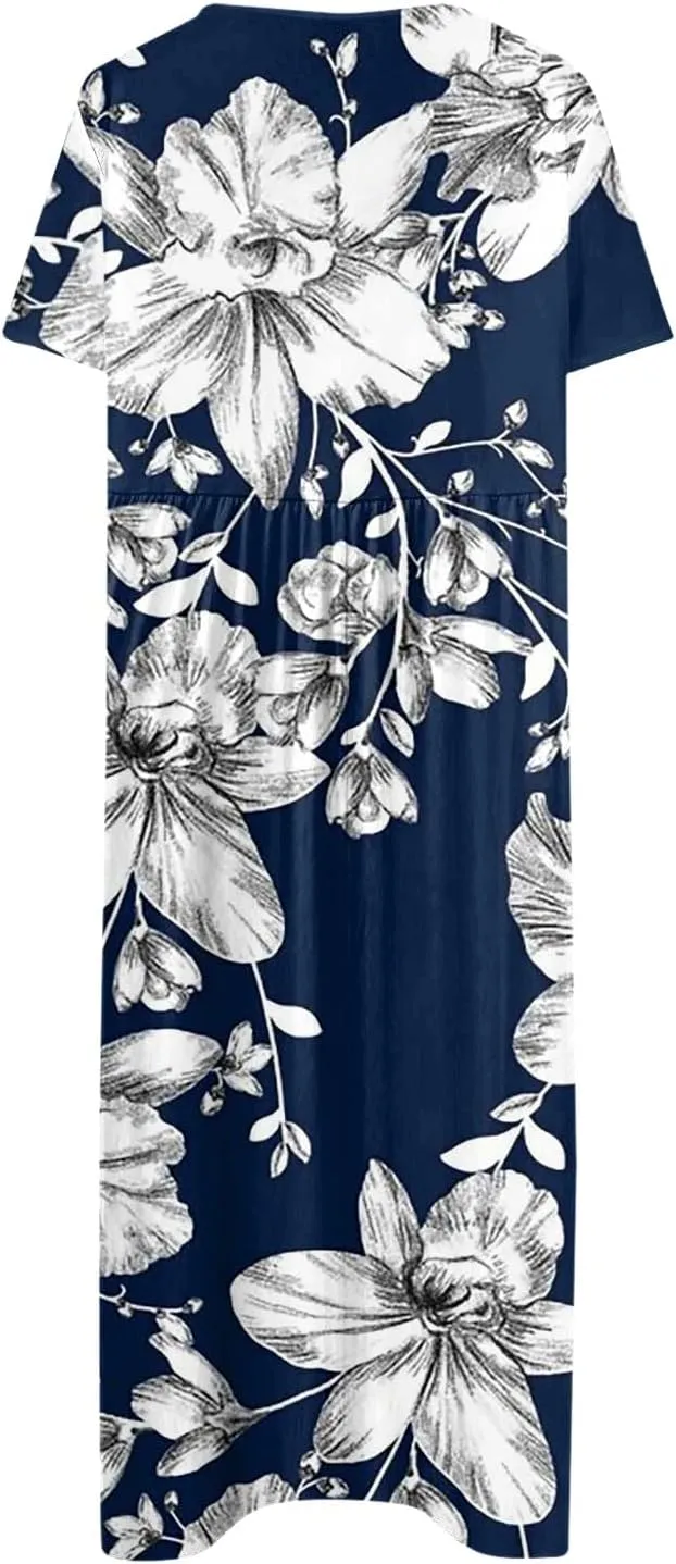 Short Sleeve Dress Ladies Trendy Floral Printting Dresses Round Neck Summer Basic Women's Maxi Dresses 2024 Pocket