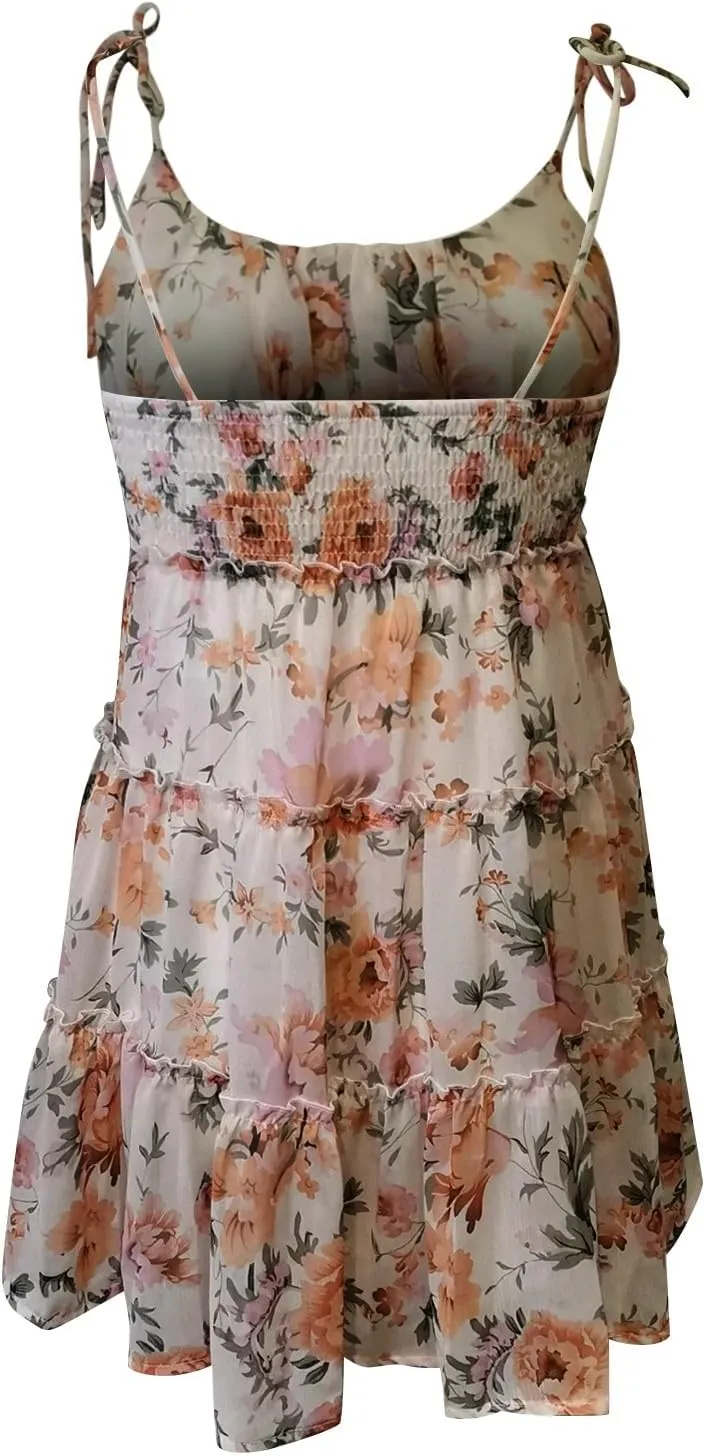 Short Sundresses for Women 2025 Backless Spaghetti Strap Ditsy Floral Dress Summer Tropical Beach Tiered Mini Dress