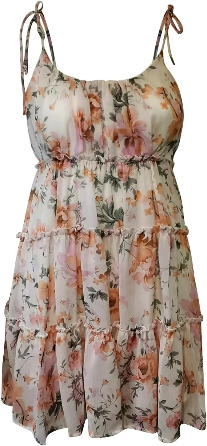 Short Sundresses for Women 2025 Backless Spaghetti Strap Ditsy Floral Dress Summer Tropical Beach Tiered Mini Dress