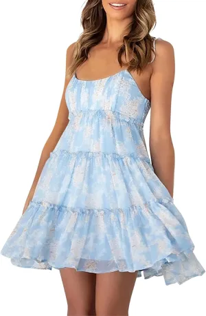 Short Sundresses for Women 2025 Backless Spaghetti Strap Ditsy Floral Dress Summer Tropical Beach Tiered Mini Dress
