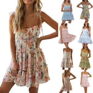 Short Sundresses for Women 2025 Backless Spaghetti Strap Ditsy Floral Dress Summer Tropical Beach Tiered Mini Dress