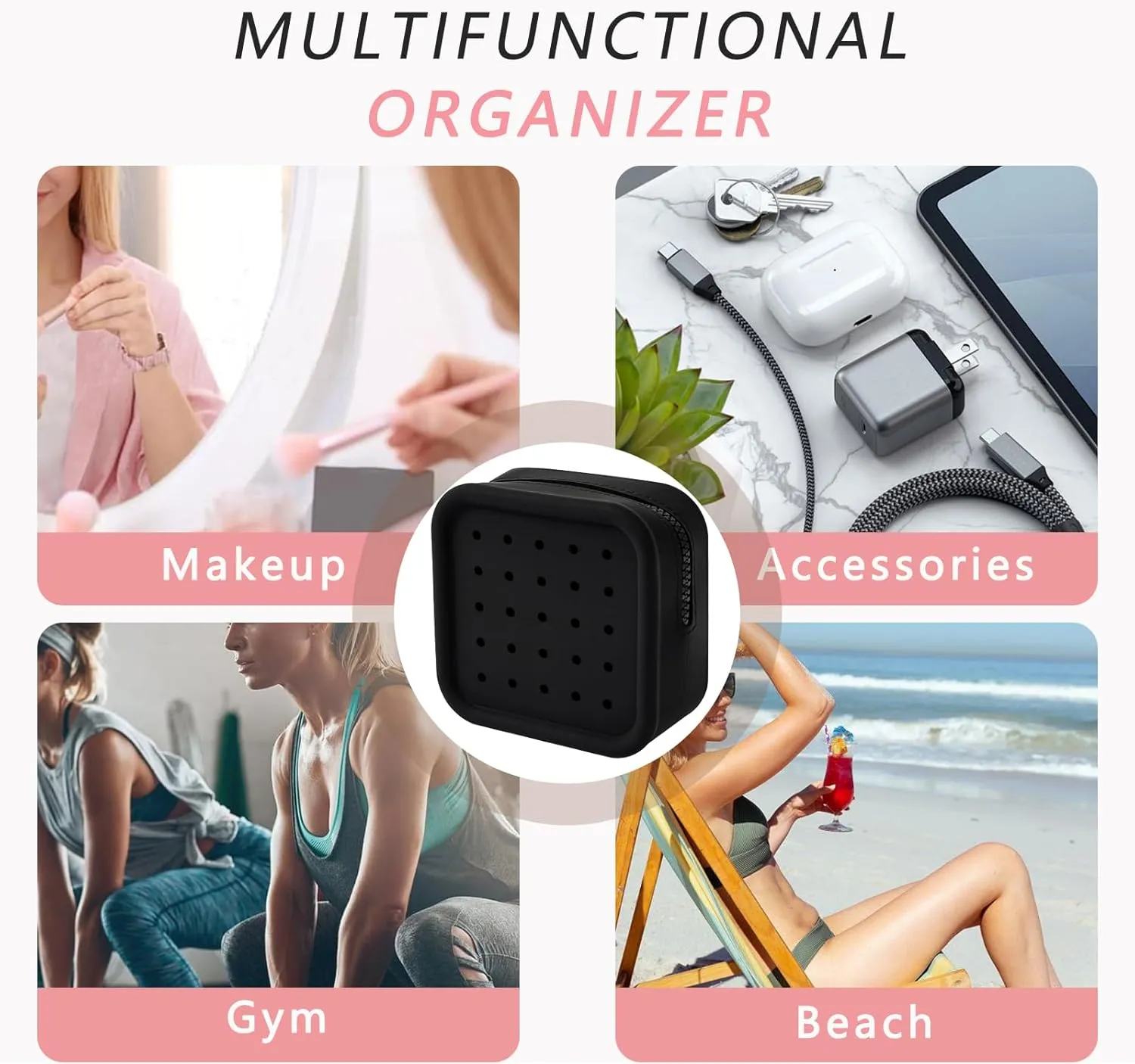 Silicone Makeup Bag with Holes, Small Waterproof Travel Cosmetic Bag, Stylish Travel Toiletry Pouch, Multi-Purpose with Holes Pouch Perfect for Sports, Beach, Pool(02Black)
