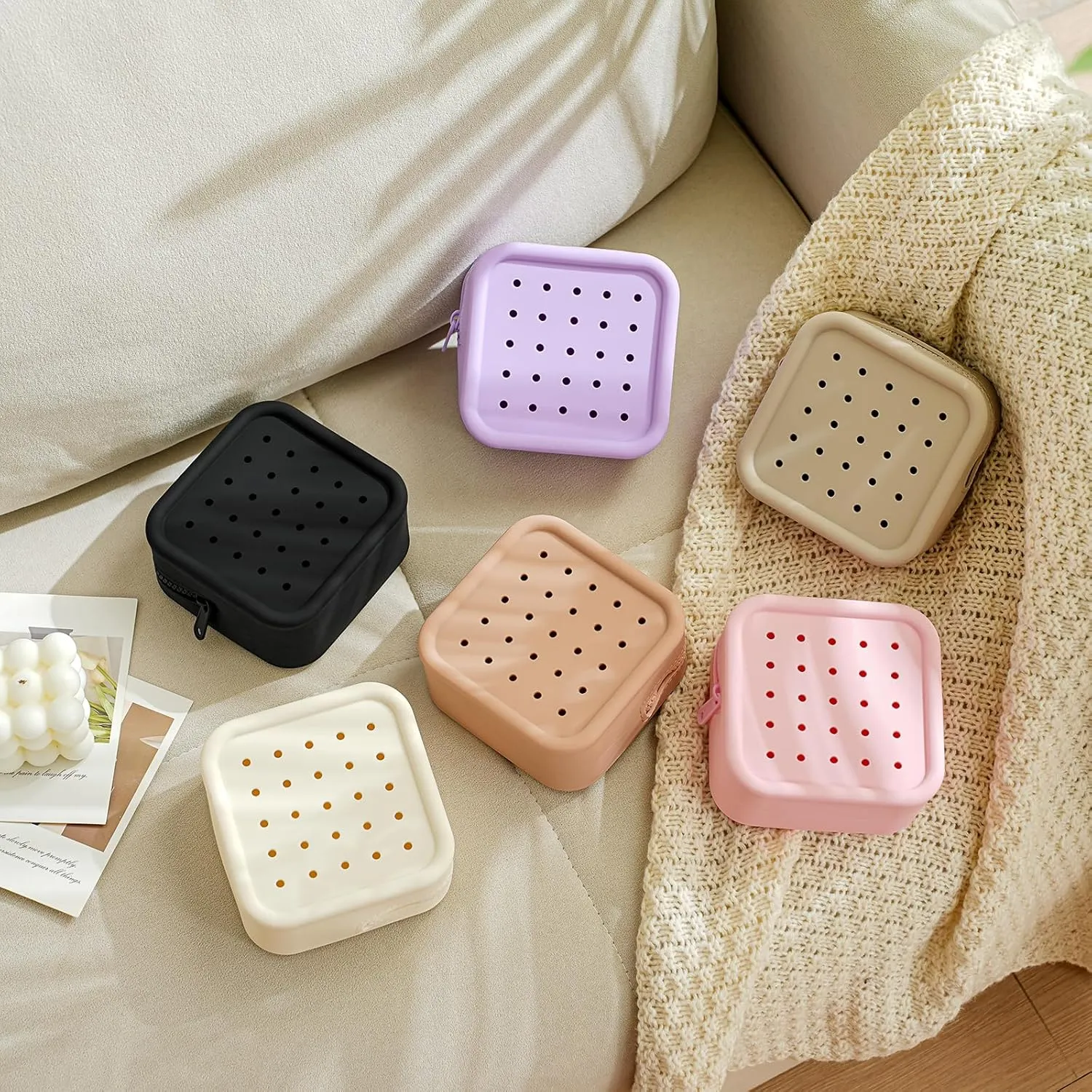 Silicone Makeup Bag with Holes, Small Waterproof Travel Cosmetic Bag, Stylish Travel Toiletry Pouch, Multi-Purpose with Holes Pouch Perfect for Sports, Beach, Pool(04Light Brown)
