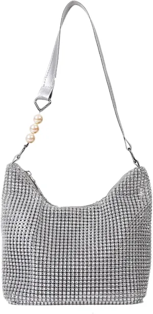 Silver Rhinestone Bucket Handbag, Women's Wedding & Party Shoulder Purse, Convertible Multi-Wear Style, 7.48x7.68x3.94in