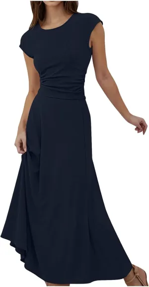 Skirt Sets Women 2 Piece Outfits Casual Ribbed Knit Crewneck Cap Sleeve Crop Top High Waisted Swing Maxi Skirts