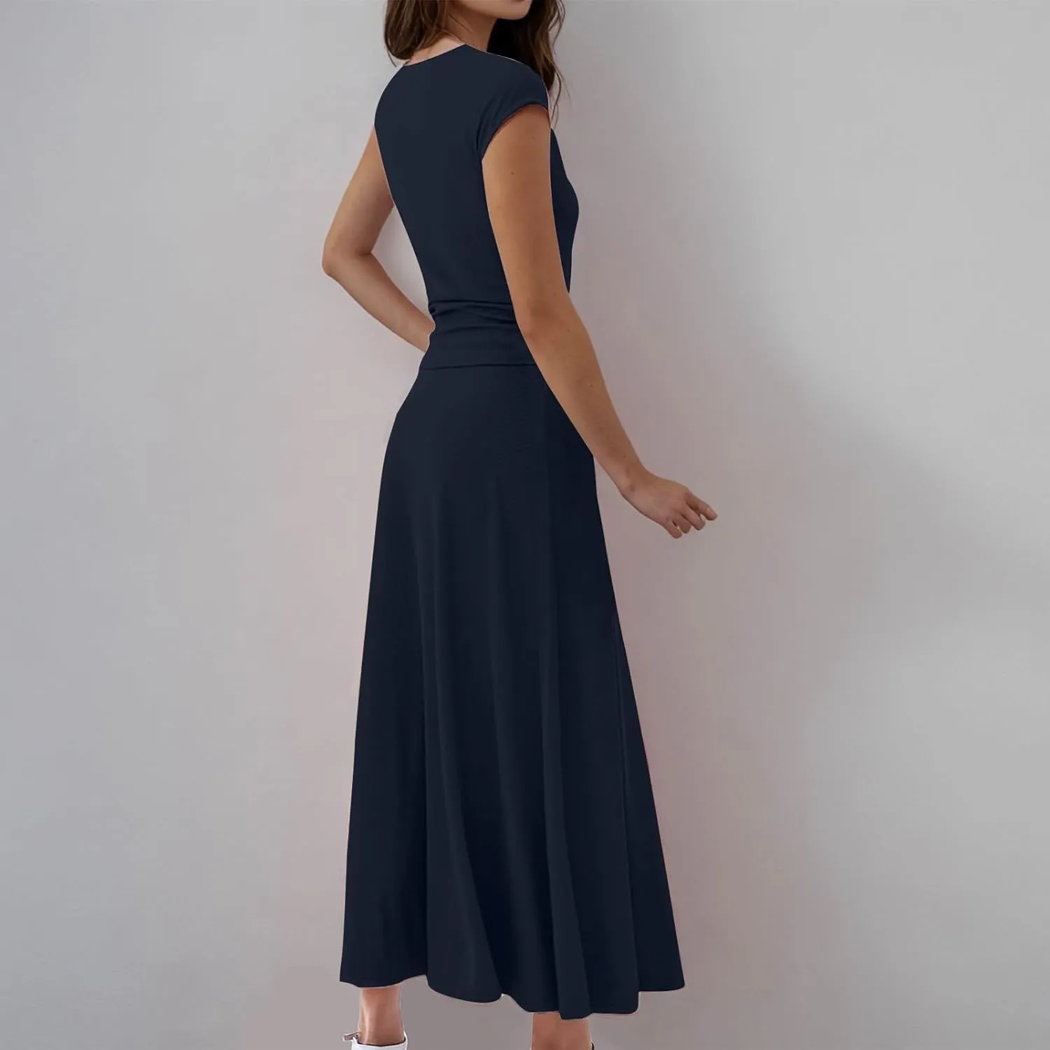 Skirt Sets Women 2 Piece Outfits Casual Ribbed Knit Crewneck Cap Sleeve Crop Top High Waisted Swing Maxi Skirts