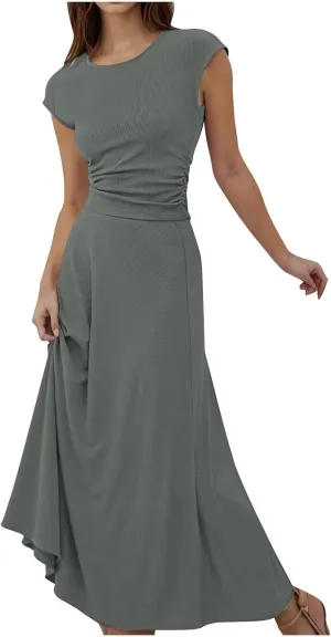 Skirt Sets Women 2 Piece Outfits Casual Ribbed Knit Crewneck Cap Sleeve Crop Top High Waisted Swing Maxi Skirts