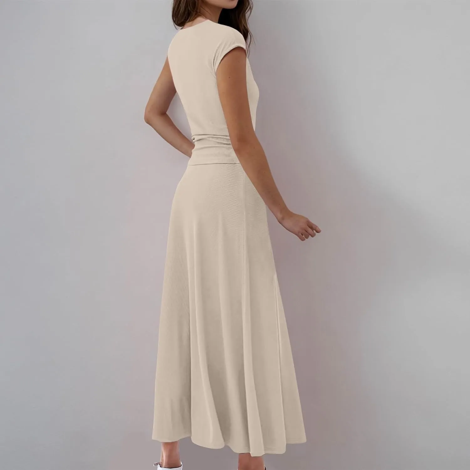 Skirt Sets Women 2 Piece Outfits Casual Ribbed Knit Crewneck Cap Sleeve Crop Top High Waisted Swing Maxi Skirts