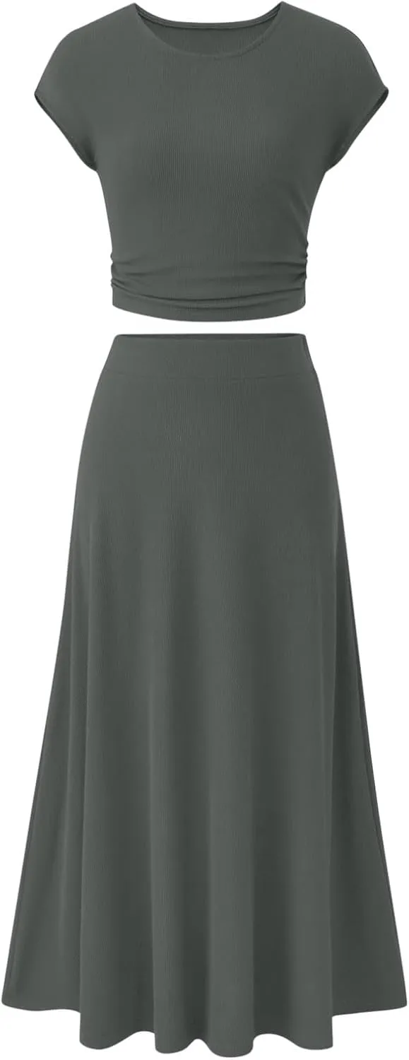 Skirt Sets Women 2 Piece Outfits Casual Ribbed Knit Crewneck Cap Sleeve Crop Top High Waisted Swing Maxi Skirts