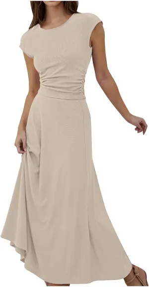 Skirt Sets Women 2 Piece Outfits Casual Ribbed Knit Crewneck Cap Sleeve Crop Top High Waisted Swing Maxi Skirts