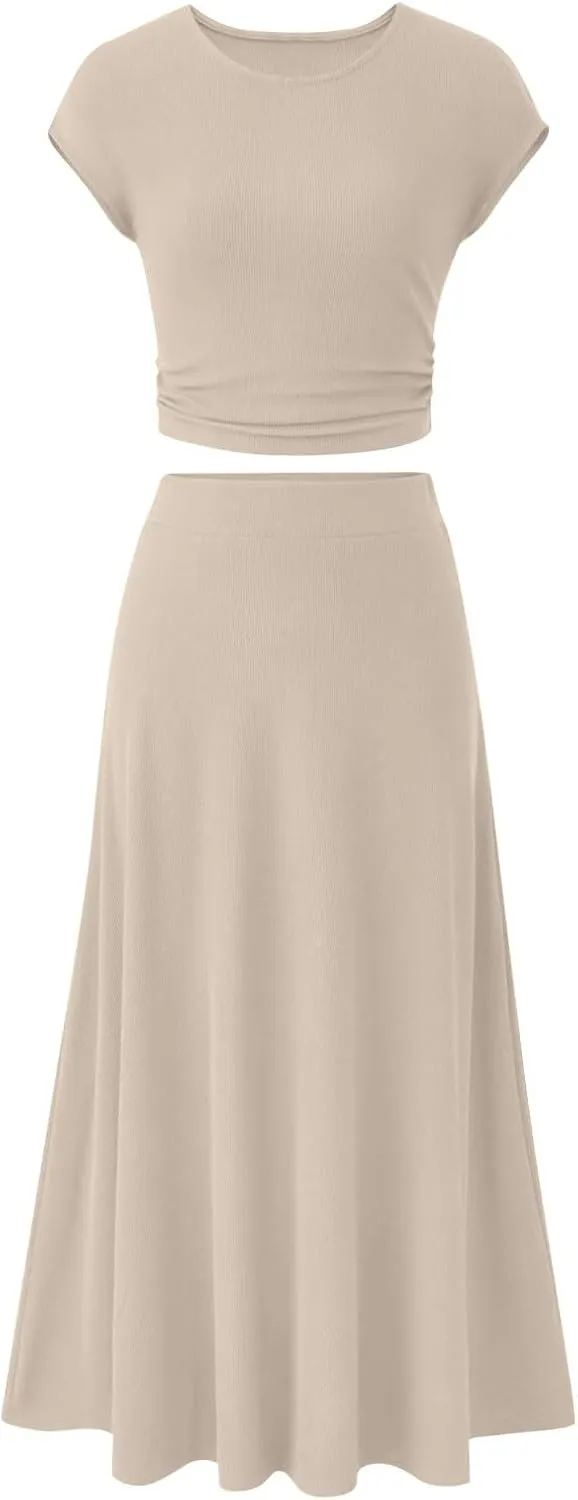 Skirt Sets Women 2 Piece Outfits Casual Ribbed Knit Crewneck Cap Sleeve Crop Top High Waisted Swing Maxi Skirts
