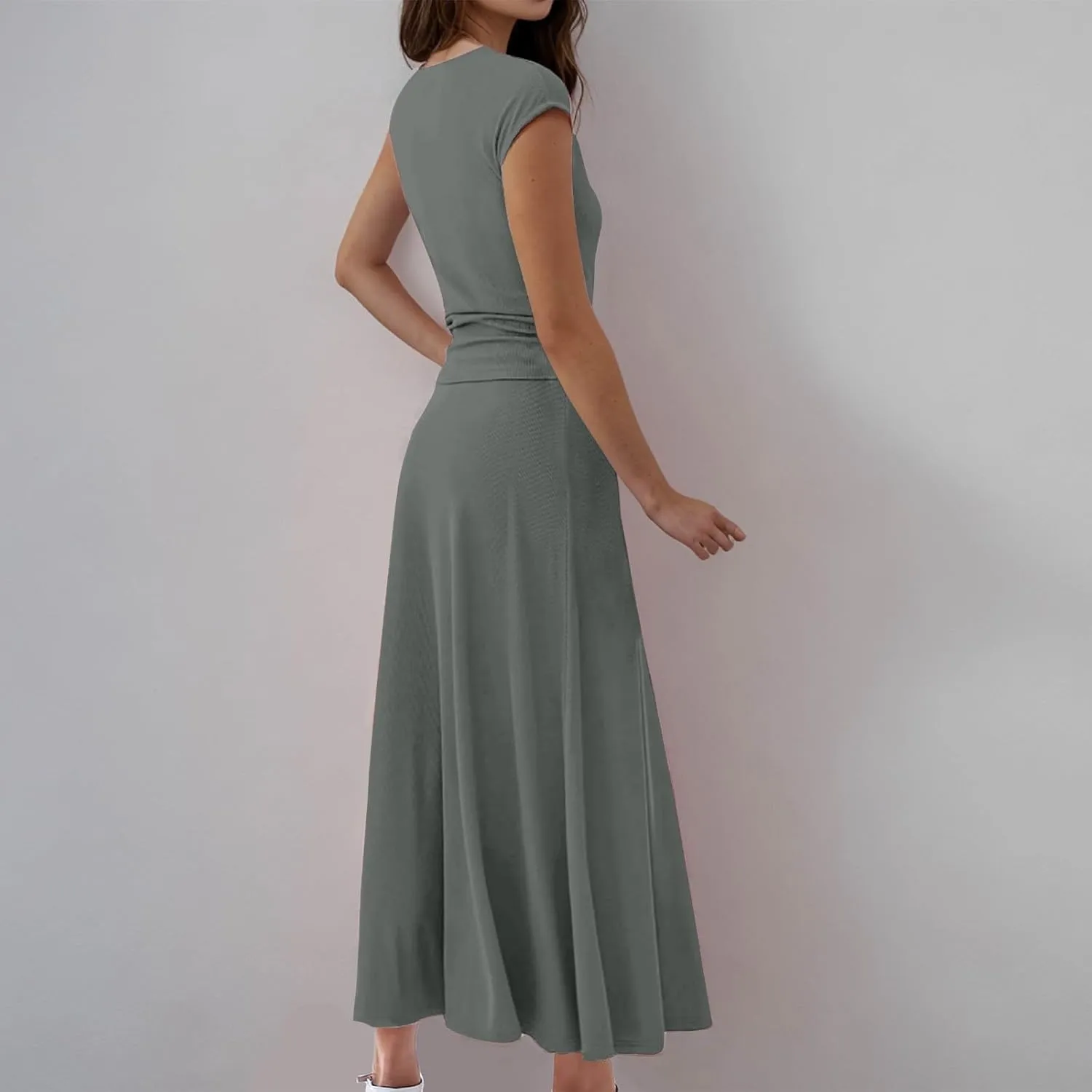 Skirt Sets Women 2 Piece Outfits Casual Ribbed Knit Crewneck Cap Sleeve Crop Top High Waisted Swing Maxi Skirts