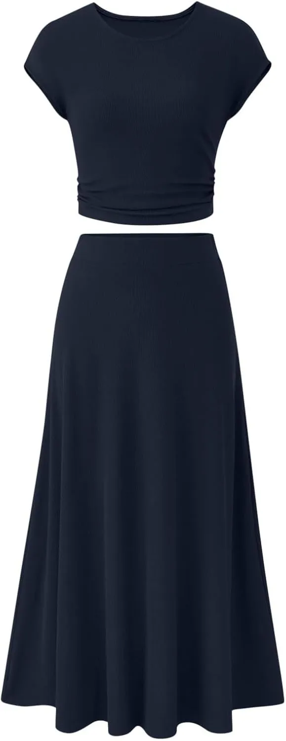 Skirt Sets Women 2 Piece Outfits Casual Ribbed Knit Crewneck Cap Sleeve Crop Top High Waisted Swing Maxi Skirts