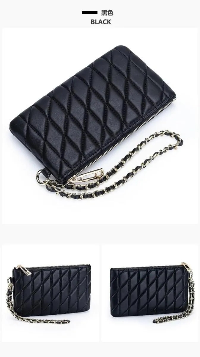 Slim Quilted Genuine Leather Zipper Chain Wristlet Strap Purse Mobile Phone Sheepskin Wallet for Women