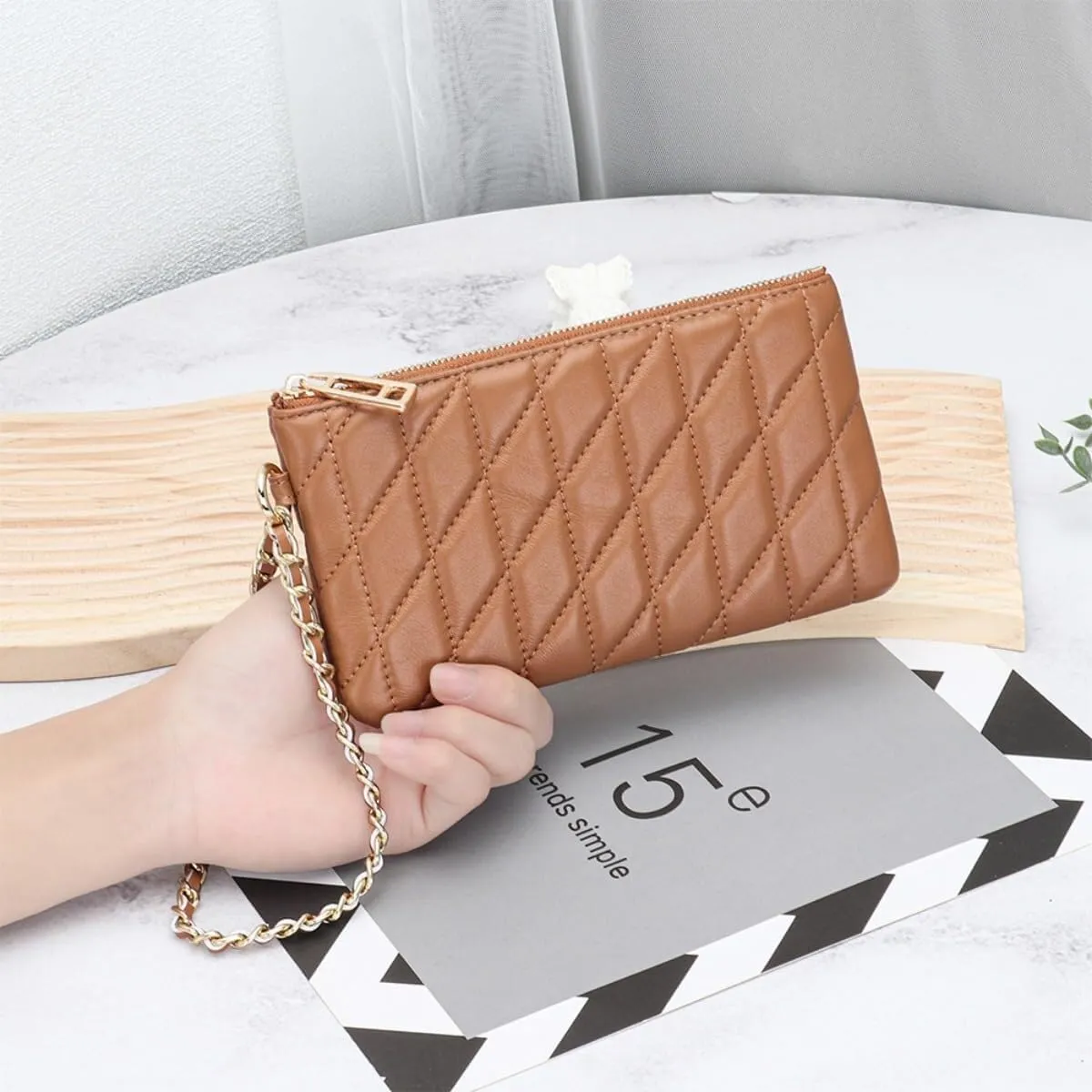 Slim Quilted Genuine Leather Zipper Chain Wristlet Strap Purse Mobile Phone Sheepskin Wallet for Women