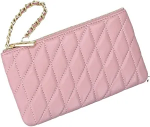 Slim Quilted Genuine Leather Zipper Chain Wristlet Strap Purse Mobile Phone Sheepskin Wallet for Women