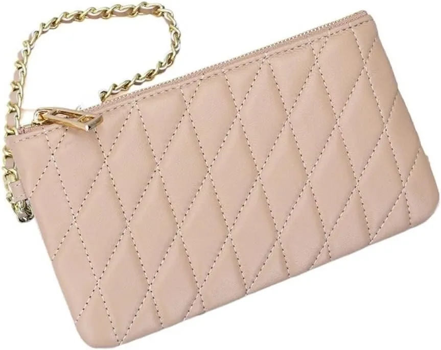 Slim Quilted Genuine Leather Zipper Chain Wristlet Strap Purse Mobile Phone Sheepskin Wallet for Women