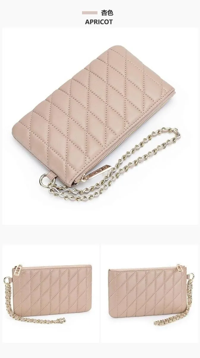 Slim Quilted Genuine Leather Zipper Chain Wristlet Strap Purse Mobile Phone Sheepskin Wallet for Women